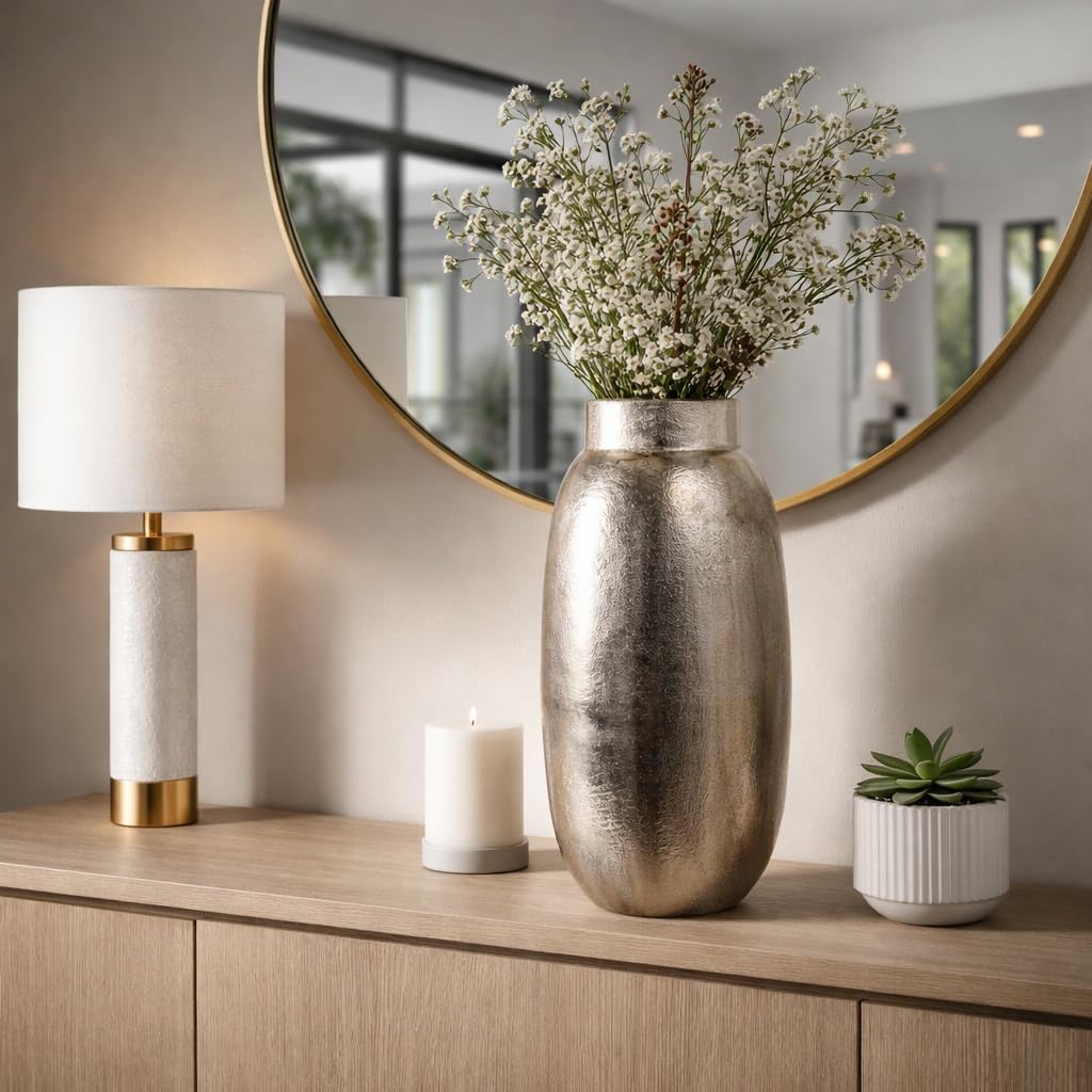 Large Antique Metal Vase for Living Room - Decorative Rounded Flower Vase for Bedroom Vanity, Home Centerpiece, and Kitchen Counter - Accent Display for House Office Tabletop - 24", Silver & Metallic