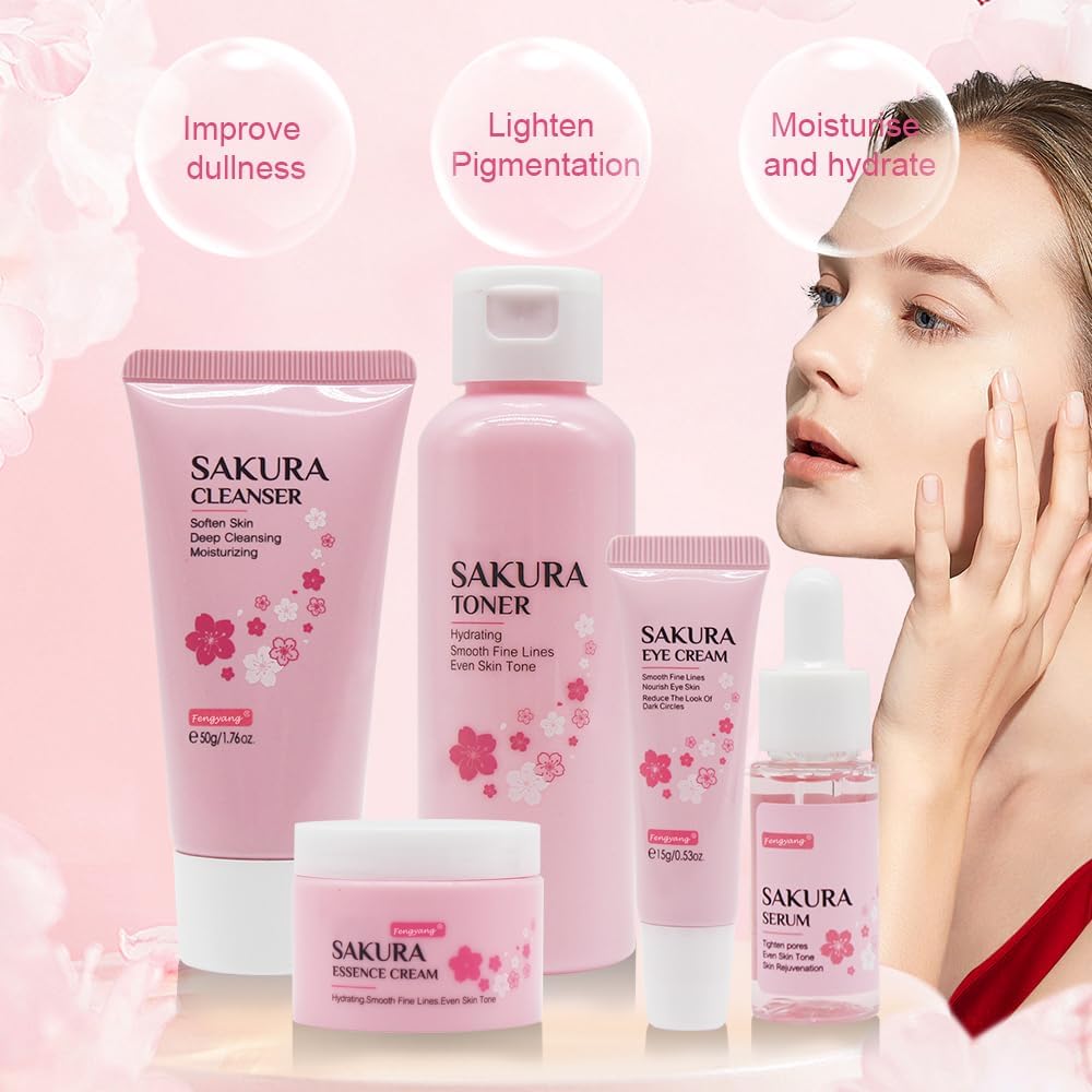 Fengyang ®Set per la Cura Della Pelle Sakura,Cura Della Pelle Viso,5pcs Set Regalo per la Cura Della Pelle,Con Detergente,Toner,Crema Occhi,Siero,Crema,Regalo per Adolescenti Ragazze Signora(5Pcs)