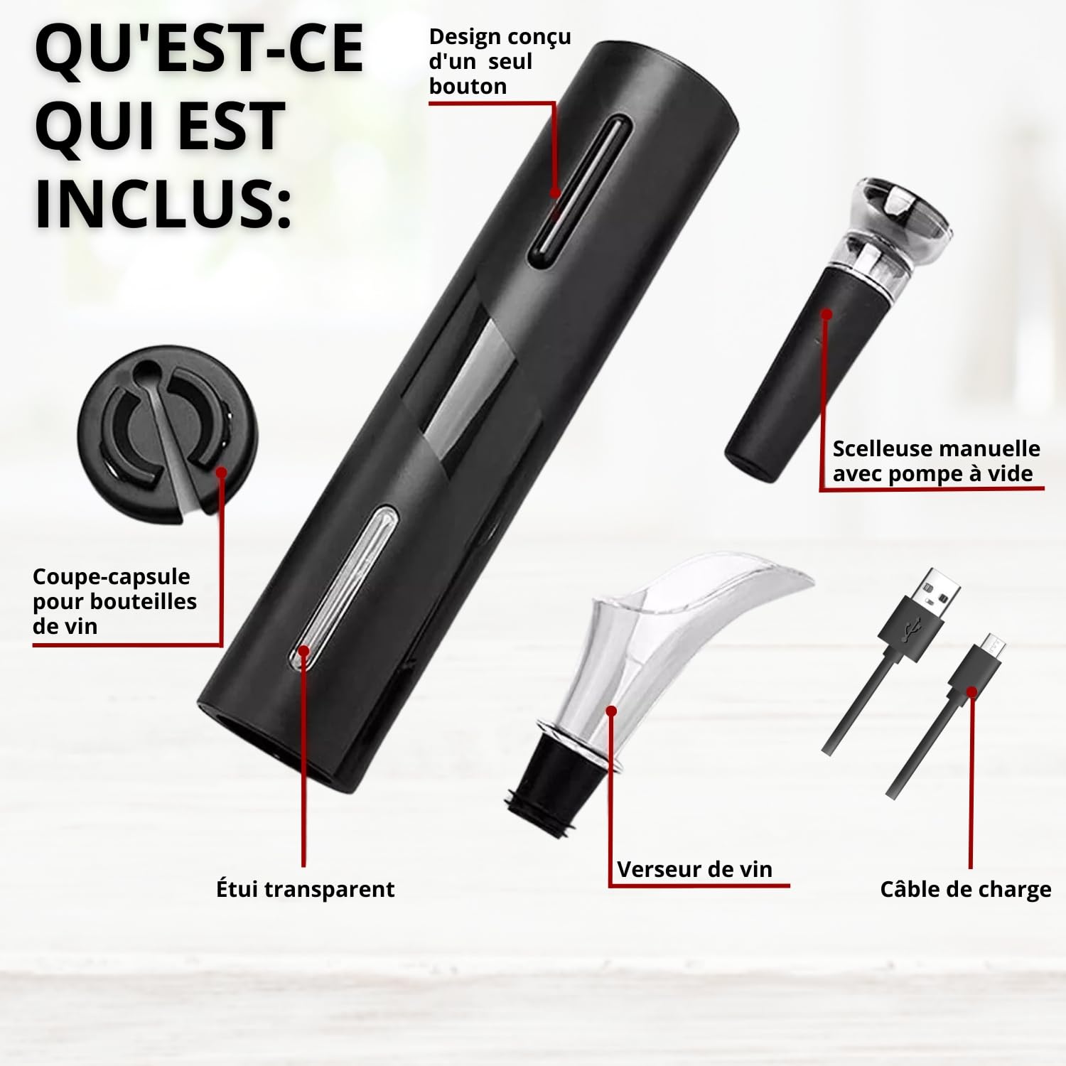 Tire Bouchon Electrique Rechargeable, Ouvre Bouteille Automatique, Coupe-Capsule, Chargeur USB, Verseur Aérateur, Bouchon à Vide, Coffret Cadeau Homme