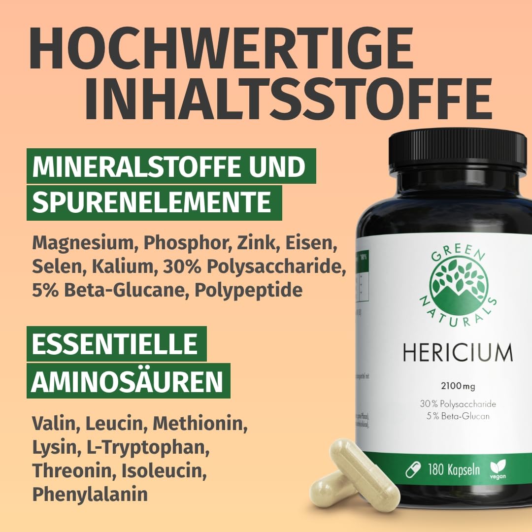 Green Naturals® Lions Mane – 2100 mg Hericium Erinaceus Extrakt pro Tag – 30% Polysaccharide + 5% Beta-Glucan – Löwenmähne Vitalpilz, vegan & ohne Zusätze – Made in Germany – 180 Kapseln