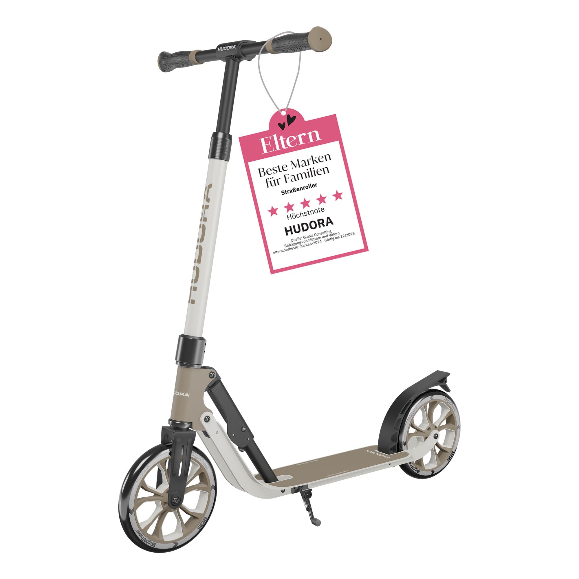 HUDORA BigWheel® 205 Advanced Scooter - ivory - Comfortable aluminium scooter for up to 100kg - Height-adjustable & foldable city scooter - Kick scooter for children/teenagers & adults
