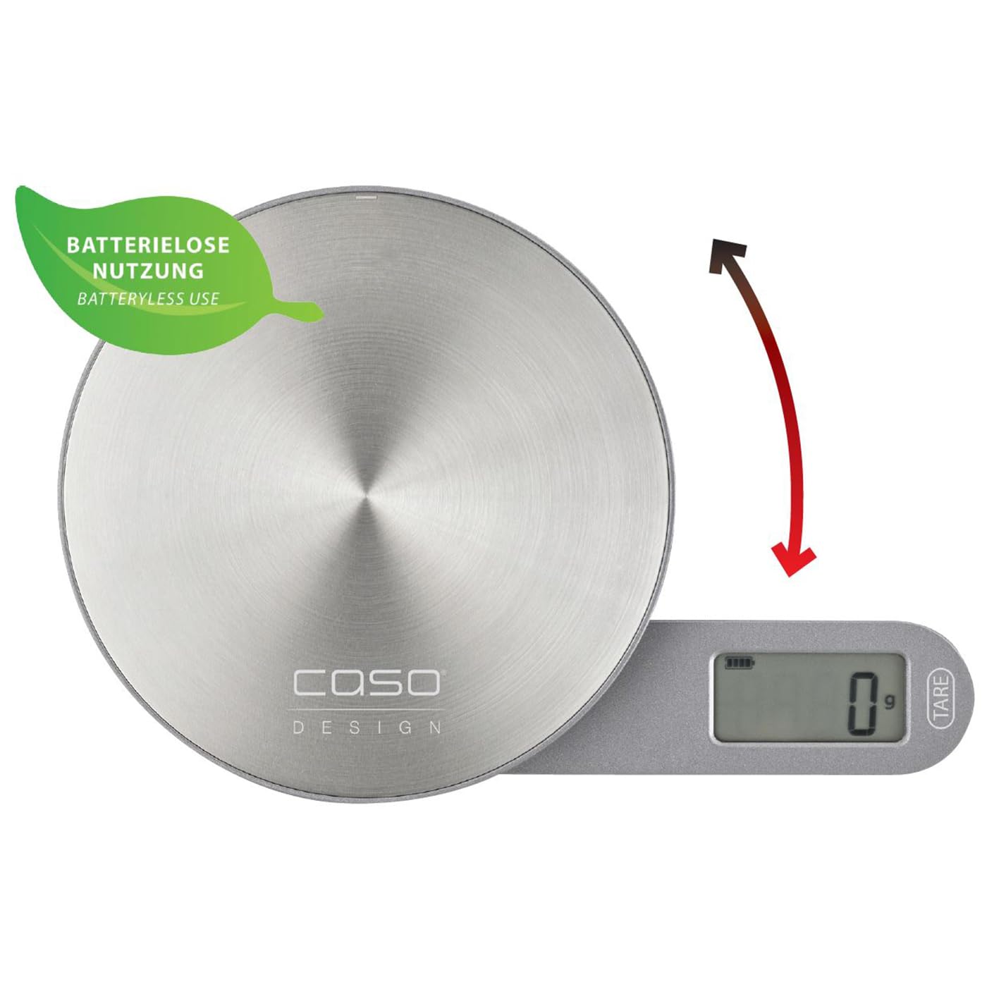 CASO Kitchen EcoMate – Bilancia da cucina di design, uso senza batteria grazie all'energia cinetica, particolarmente piatta, magnetica, fino a 5 kg in incrementi di 1 g, superficie di pesatura in