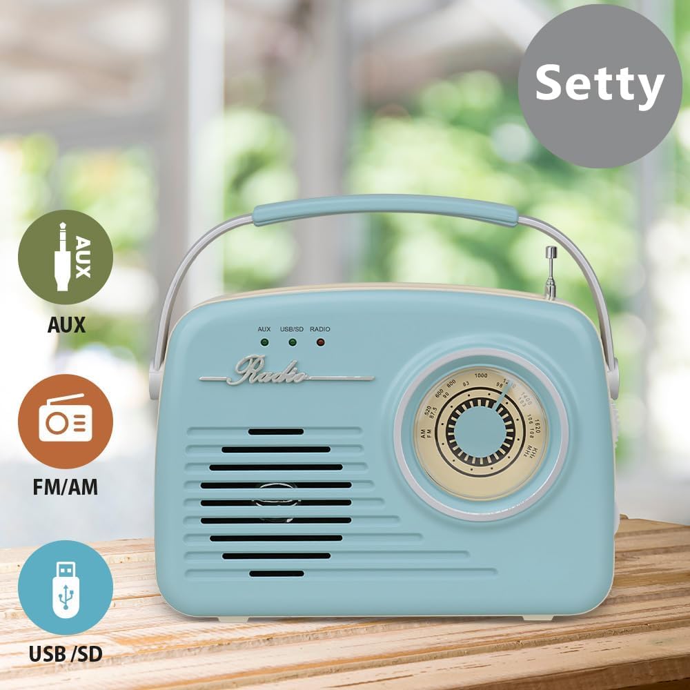 Setty Radio Retro 50's tragbarer kabelloser,FM-Radioempfang Retro Vintage Radio als Küchendeko mit USB SD- Card, Aux Funktion (Blau)