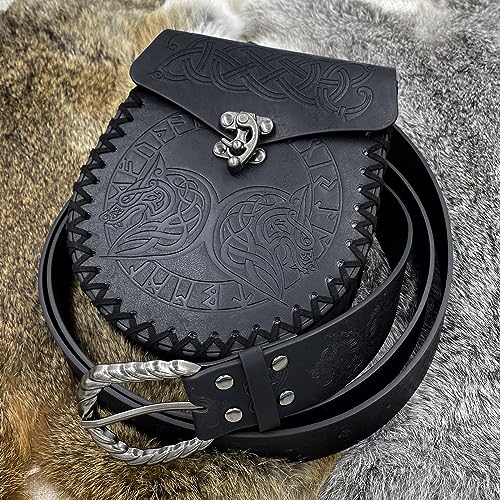 HiiFeuer Viking Fenrir Embossed Buckle Belt with Nordic Embossed Belt Bag, Vintage Faux Leather Belt and Pouch Set for LARP (Black) - Image 3