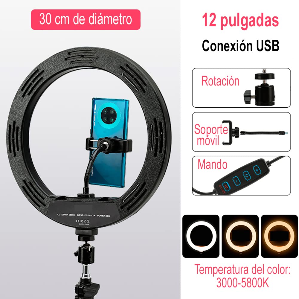 Aro de luz Led de 30 cm de diámetro | Anillo de luz de 12 Pulgadas para teléfonos móviles o cámaras | Selfies, Fotografía, Maquillaje, Youtube, TIK Tok Live | Cable USB y Mando