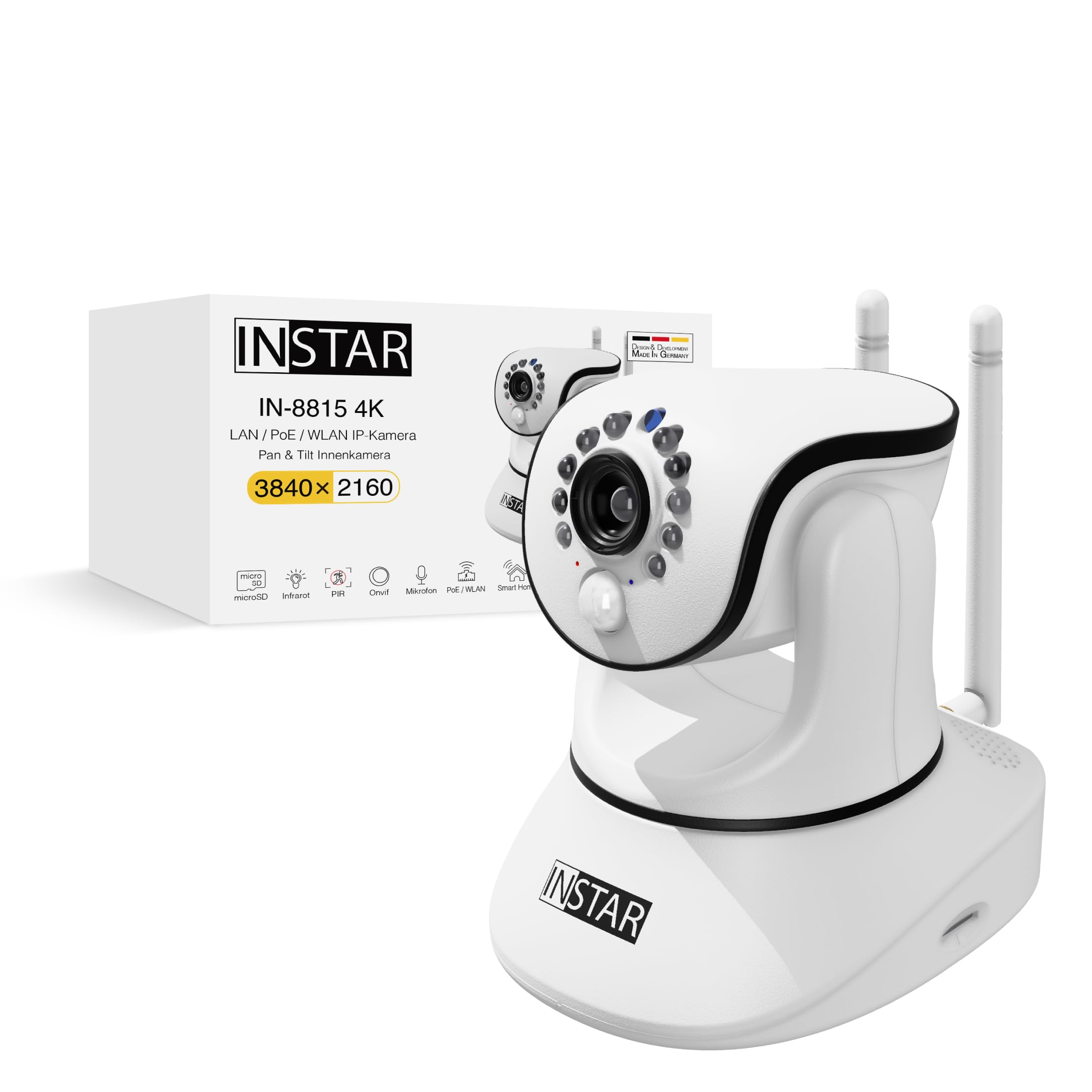 INSTAR IN-8815 4K Innenkamera weiß, WLAN/LAN/PoE, steuerbare PT IP Kamera, HomeKit Secure Video, AI-Personenerkennung, IR-Nachtsicht, 2-Wege-Audio, Alarm I/O, Audio-Ausgang, MQTT, WPA3