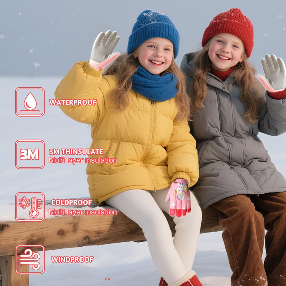 Guantes de Esquí para Niños, Guantes de Nieve Impermeables Invierno para Niñas Resistente al Viento, Guantes de Nieve Impermeables para Invierno, Niñas de 6 a 14 años