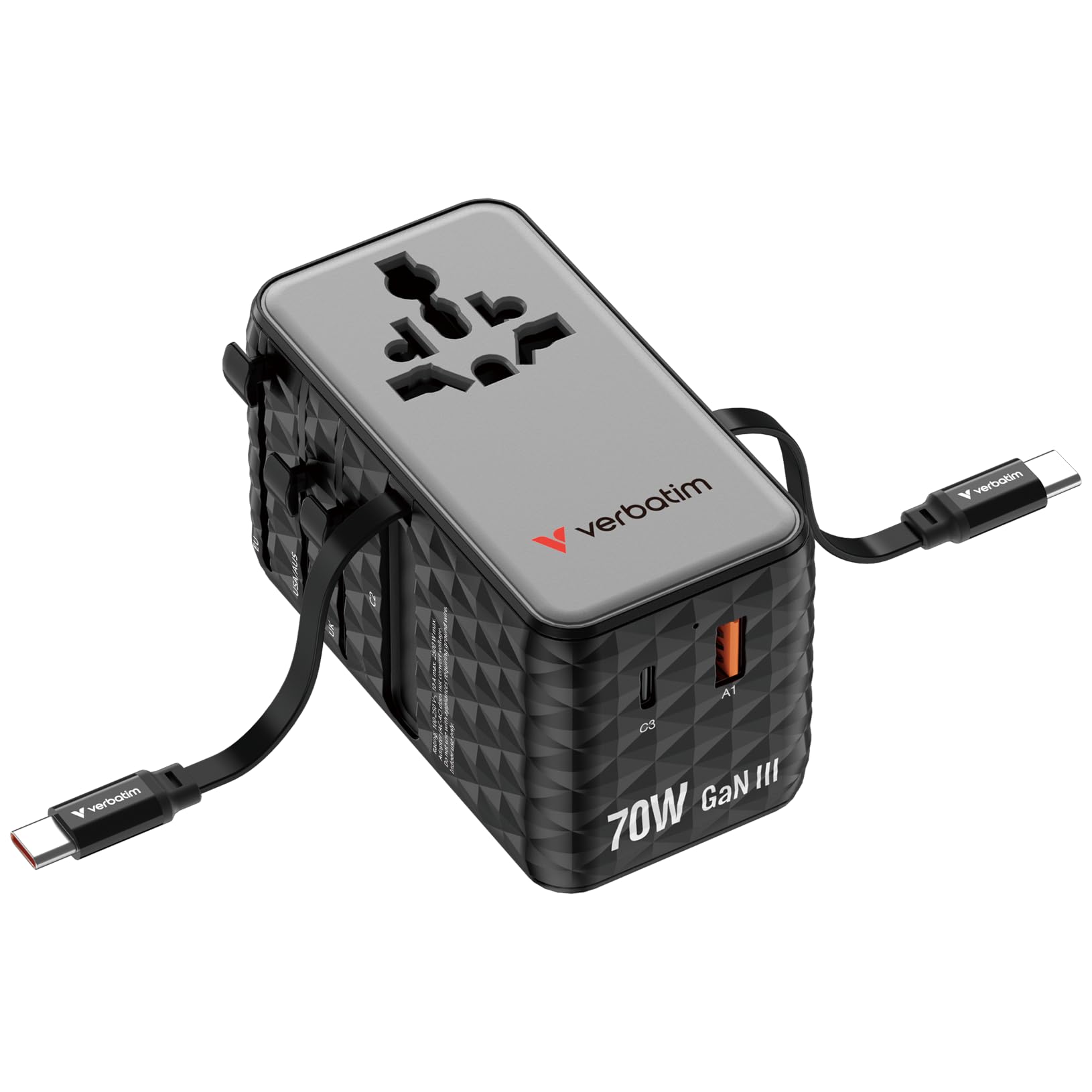 Verbatim GaN - Adattatore da viaggio 70 W, nero, con 2 cavi integrati e USB-C, USB-A, 2 connettori USA/JP, caricatore rapido per laptop, smartphone e altro ancora, utilizzabile in tutto il mondo