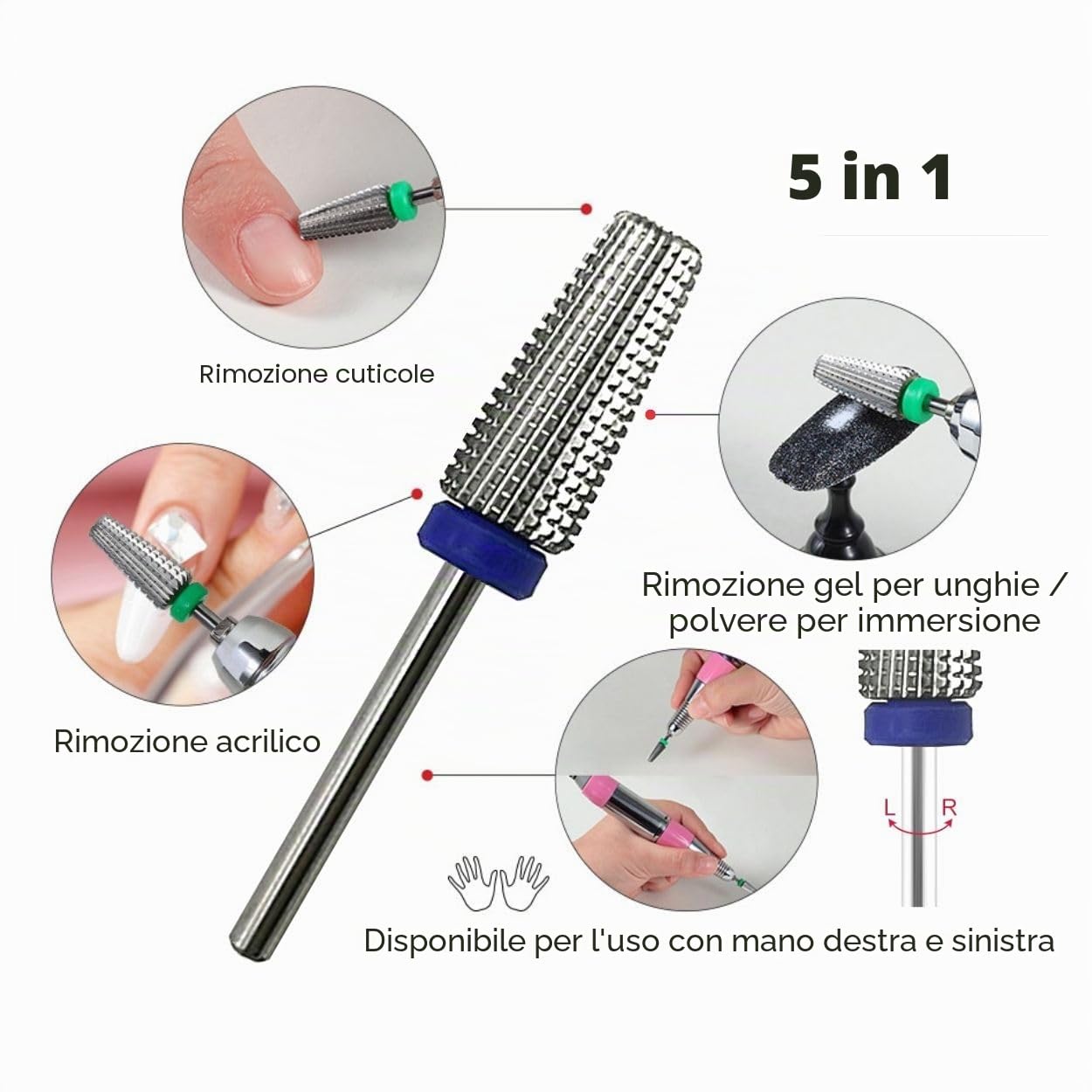 Natury Nails Punta da trapano in carburo di tungsteno 5 in 1 per tornio. Manicure russa, pedicure, smalto per unghie, unghie acriliche e unghie in gel (grana media)