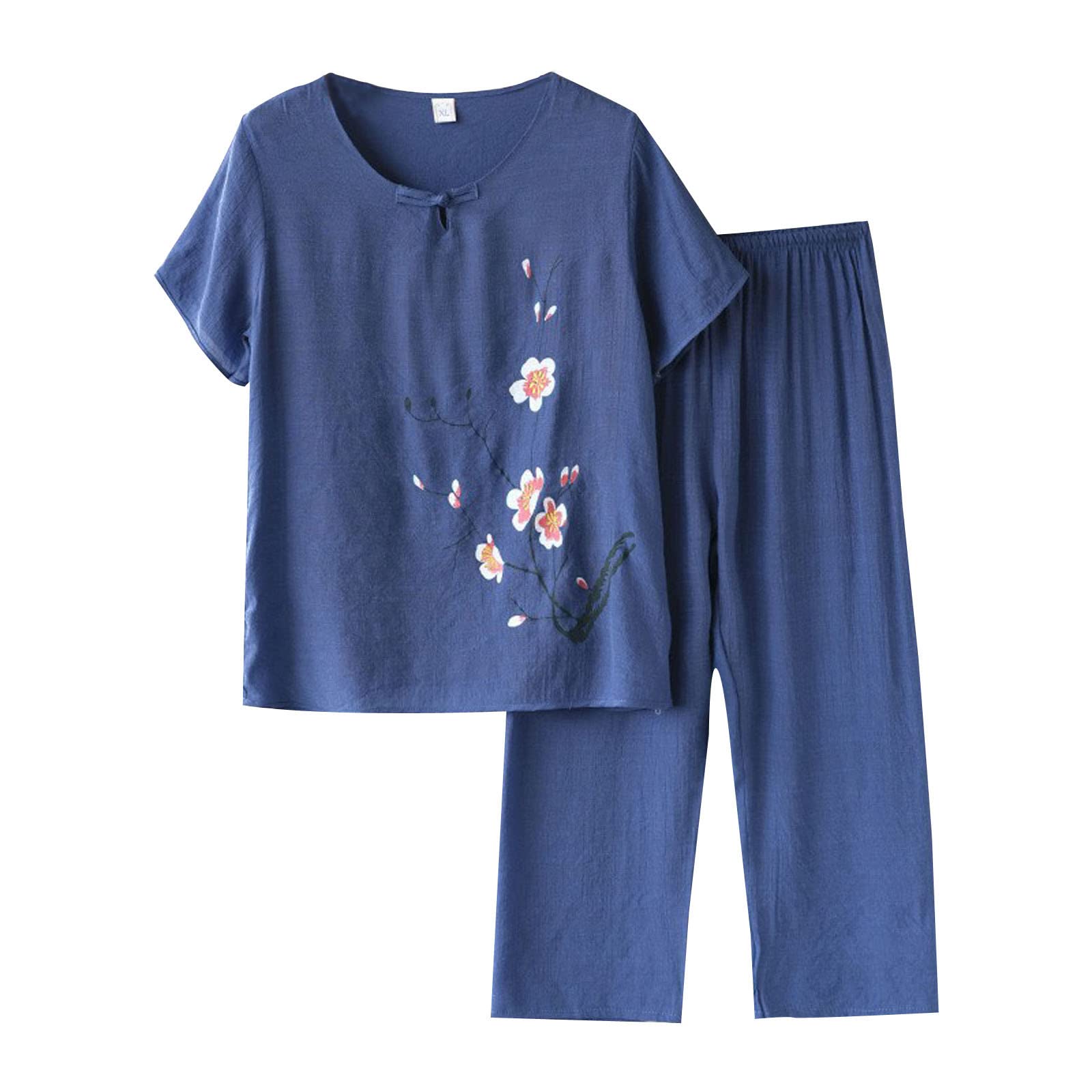ADMAY Conjunto de mujer de dos piezas Leggins Deportivos Conjunto Cardigan de Verano para Mujer de Manga Corta Top Femenino Suelto de Media Edad y Camisa de Vestido para Ancianos de Algodón de Dos