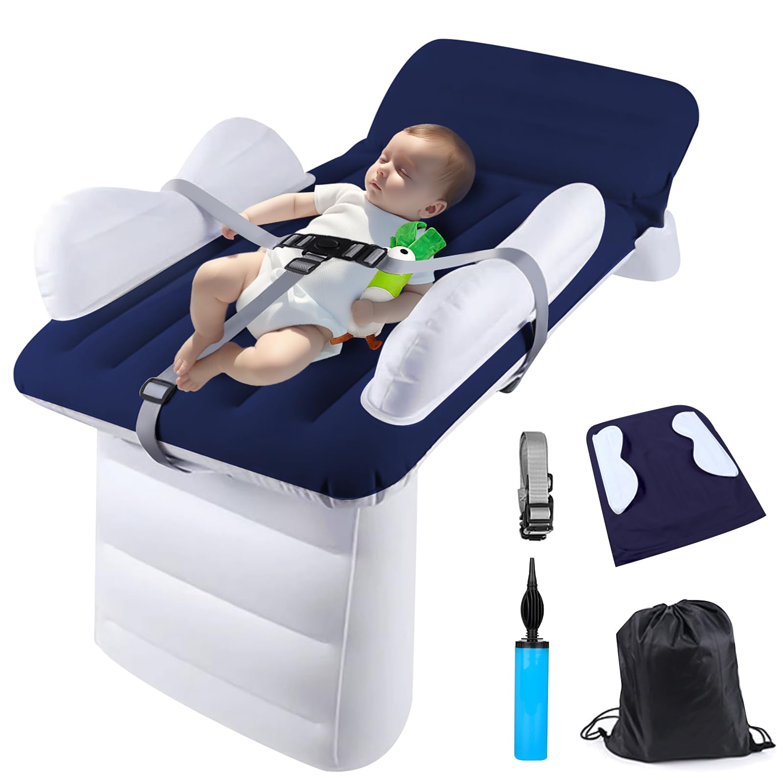 FOVERN1 Inflatable Toddler Airplane Mattress, Blow Up Kids Travel Bed, Airplane Seat Extender, Inflatable Baby Mattress with Sides, Safety Belt, Manual Pump and Bag