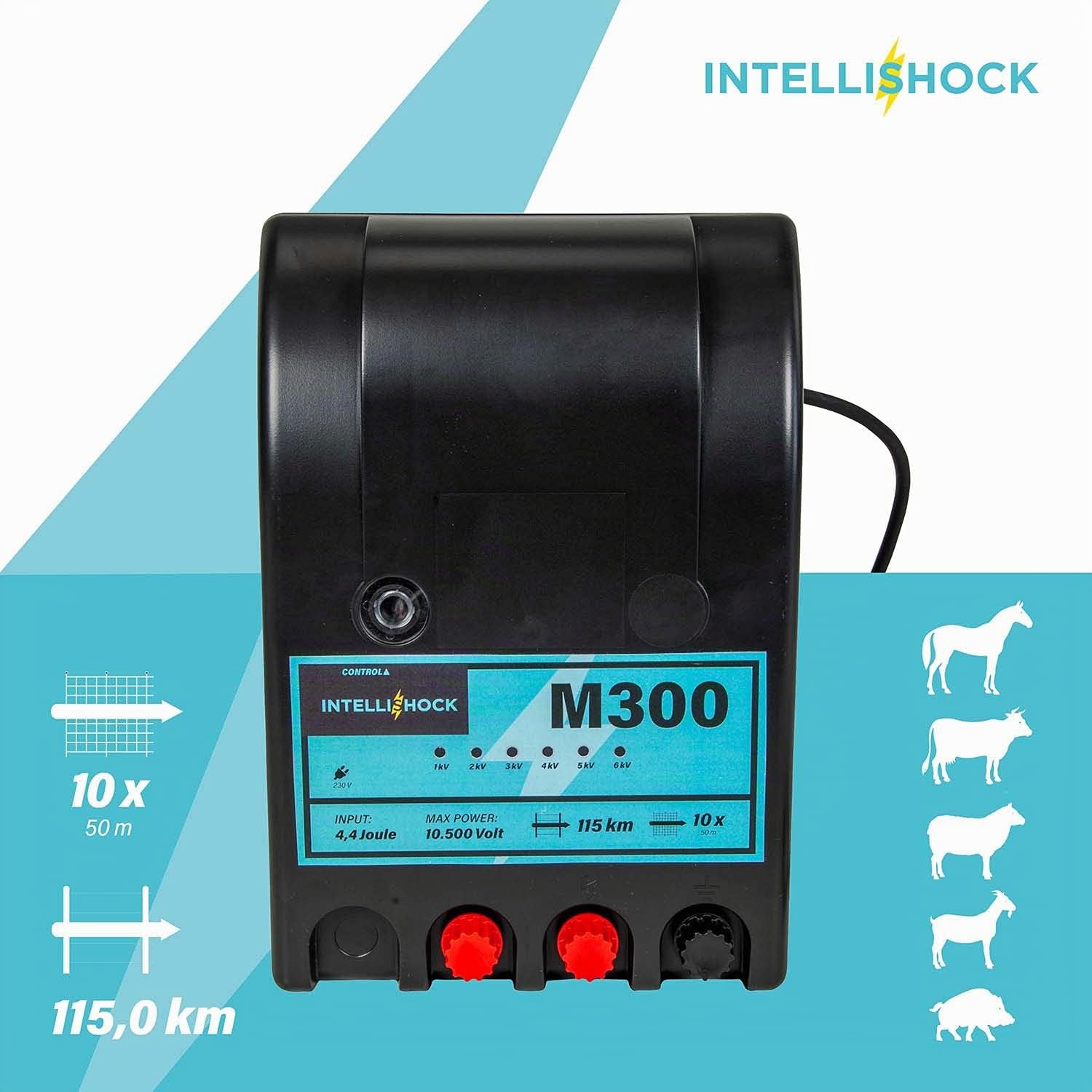 M300 Électrificateur de clôture électrique 230V puissante 4,4 J, idéale pour les filets à moutons de 10x 50m, affichage de la tension à 6 niveaux, pour une longueur de clôture de 20km