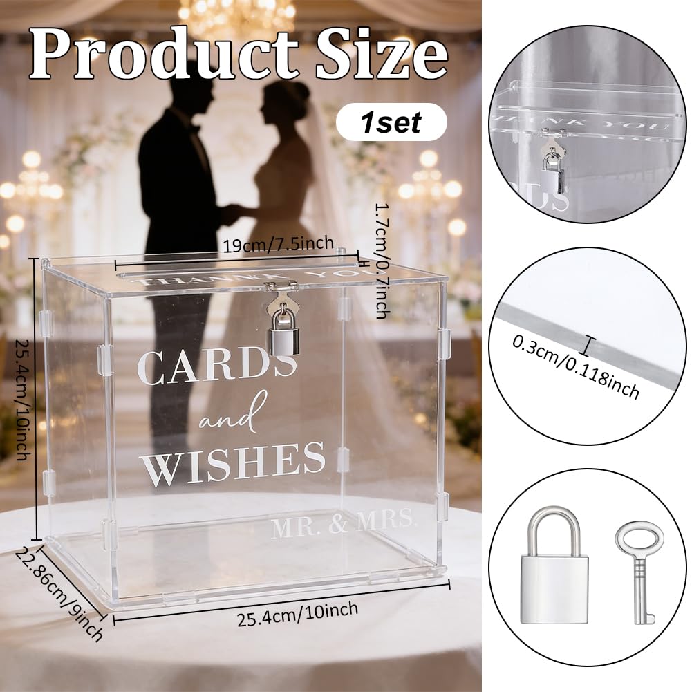 WADORN Scatola per biglietti di nozze in acrilico trasparente con chiusura a fessura, grande scatola per biglietti di ringraziamento (25 x 23 x 25 cm), per buste regalo come decorazione da tavolo, per
