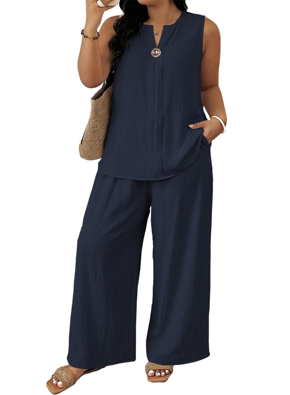 Eytino Plus Size 2 Piece Sets for Women Summer Travel Vacation Outfits Sleeveless Tops Wide Leg Pants Matching Sets(1X-5X)