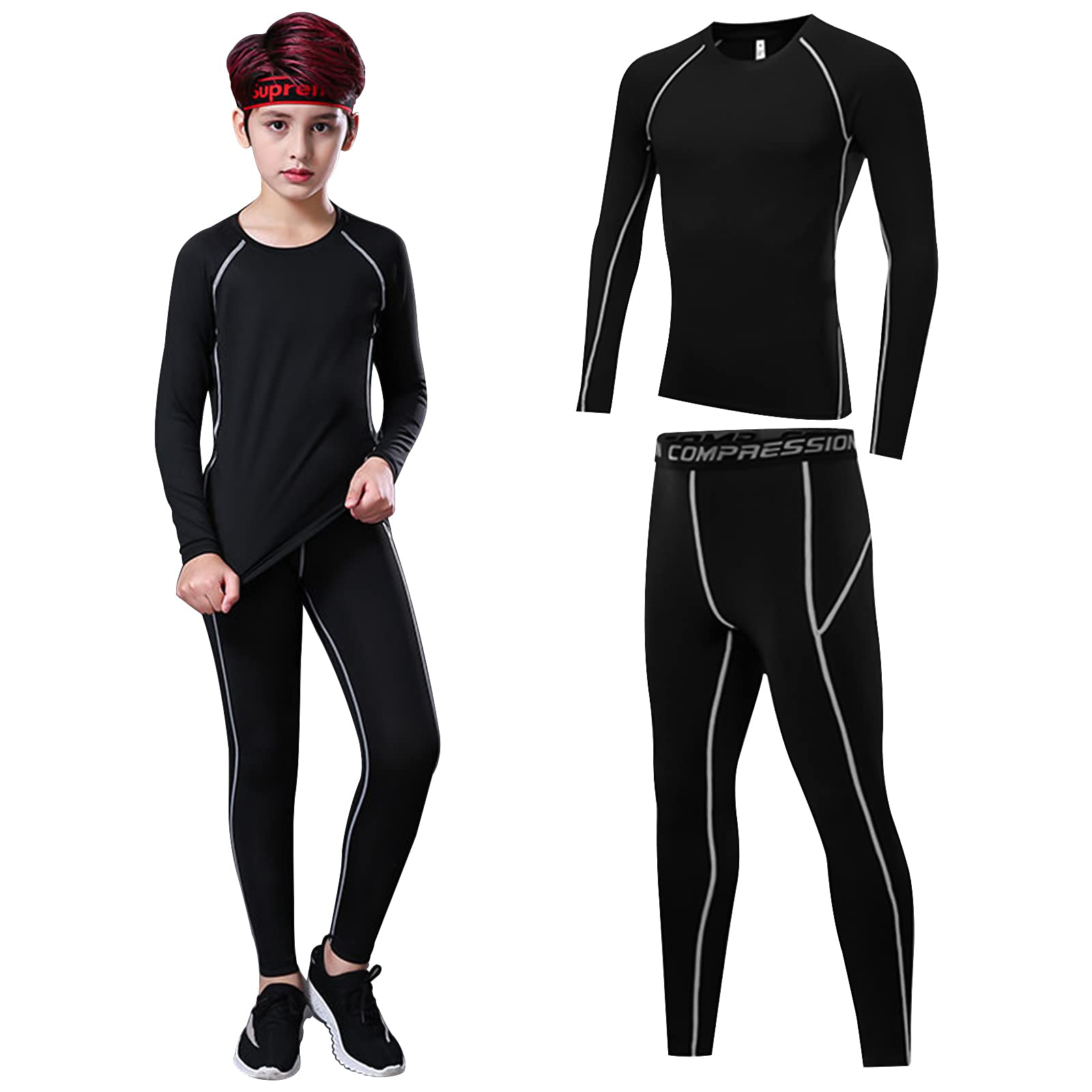 Set di Intimo a Compressione per Bambini, Completo Termico Bambino Calcio, Intimo Sportivo ad Asciugatura Rapida, per Bambini Allenamento di Calcio, Corsa e Jogging