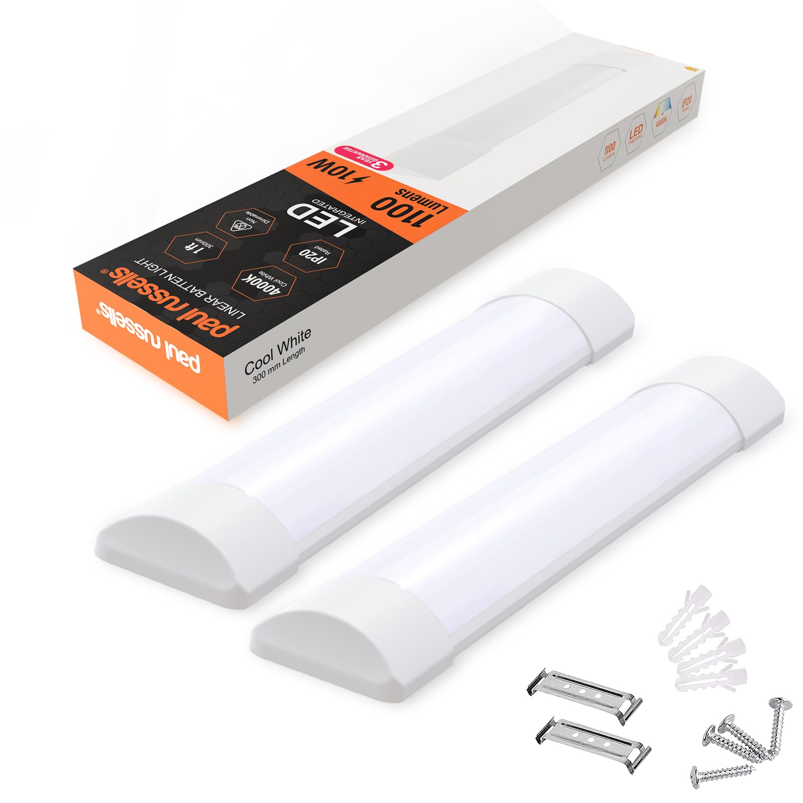 Paul Russells Cool White - 4000K 1Ft Led Batten Light, Ceiling Fitting Tube Light, 4000K Cool White, 10W, 1100 Lumens, Light For Office, Bathroom, Kitchen, Garage, Warehouse Fluorescent Lighting Replacement, 2 Packs