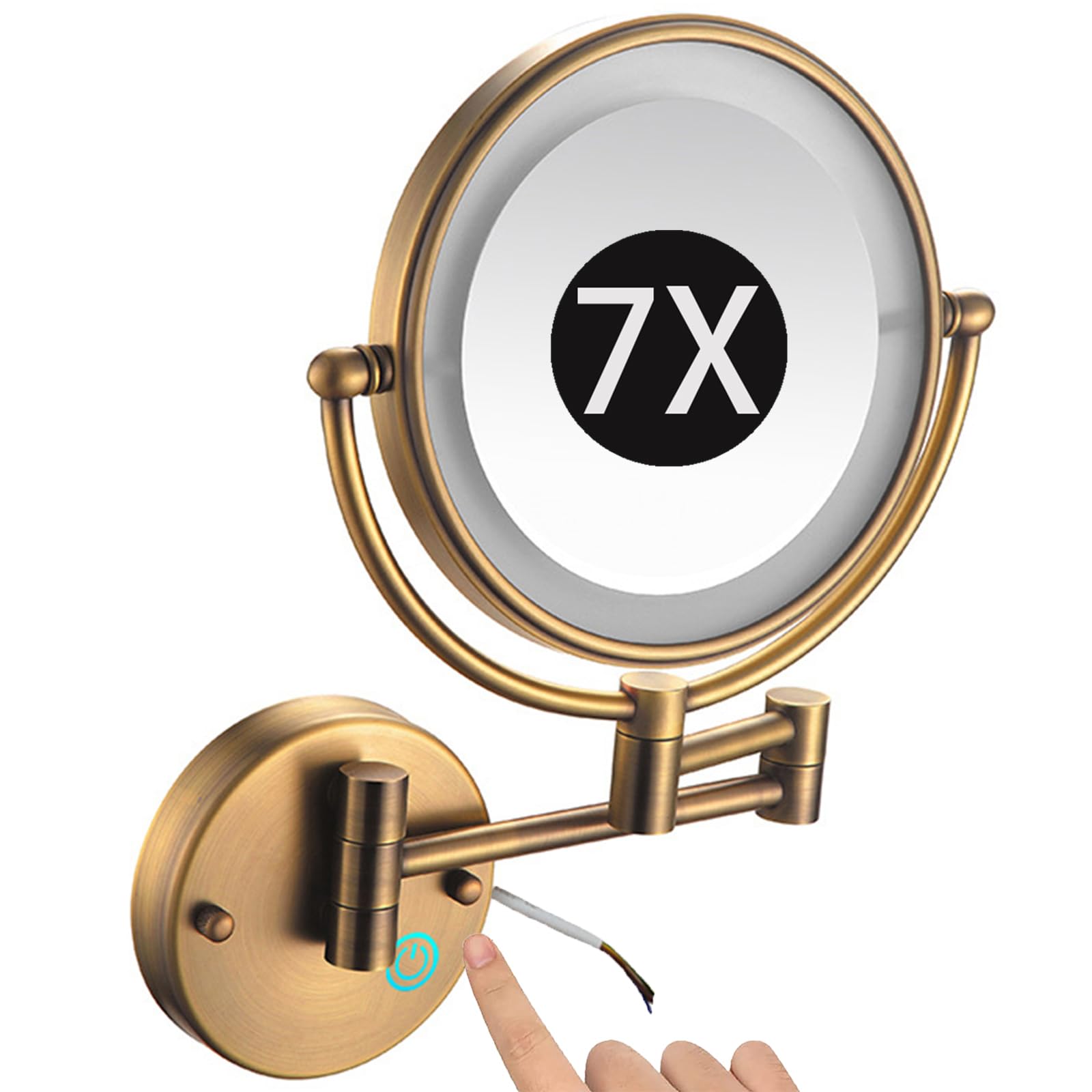SXFSDOU 8" Wall Mounted Lighted Makeup Mirror, Hardwired Dimmable Double Sided Magnifying Extendable LED Bathroom Vanity Mirror with Lights,Brass,7X