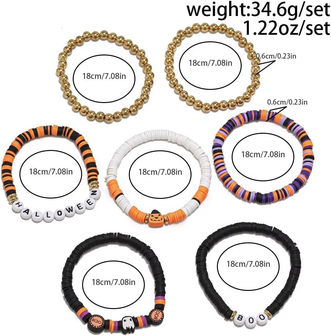 Halloween Beaded Stackable Bracelets for Women Ghost Pumpkin Spider Boo Elastic Surfer Heishi Clay Bead Stretch Bracelets Set Party Holiday Jewelry Gift - Image 3