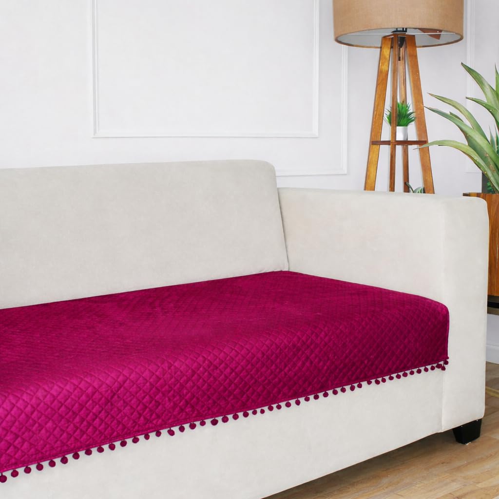 Brick Home 2 Seater Quilted Velvet Sofa Cover Protector with Pompom (Maroon)