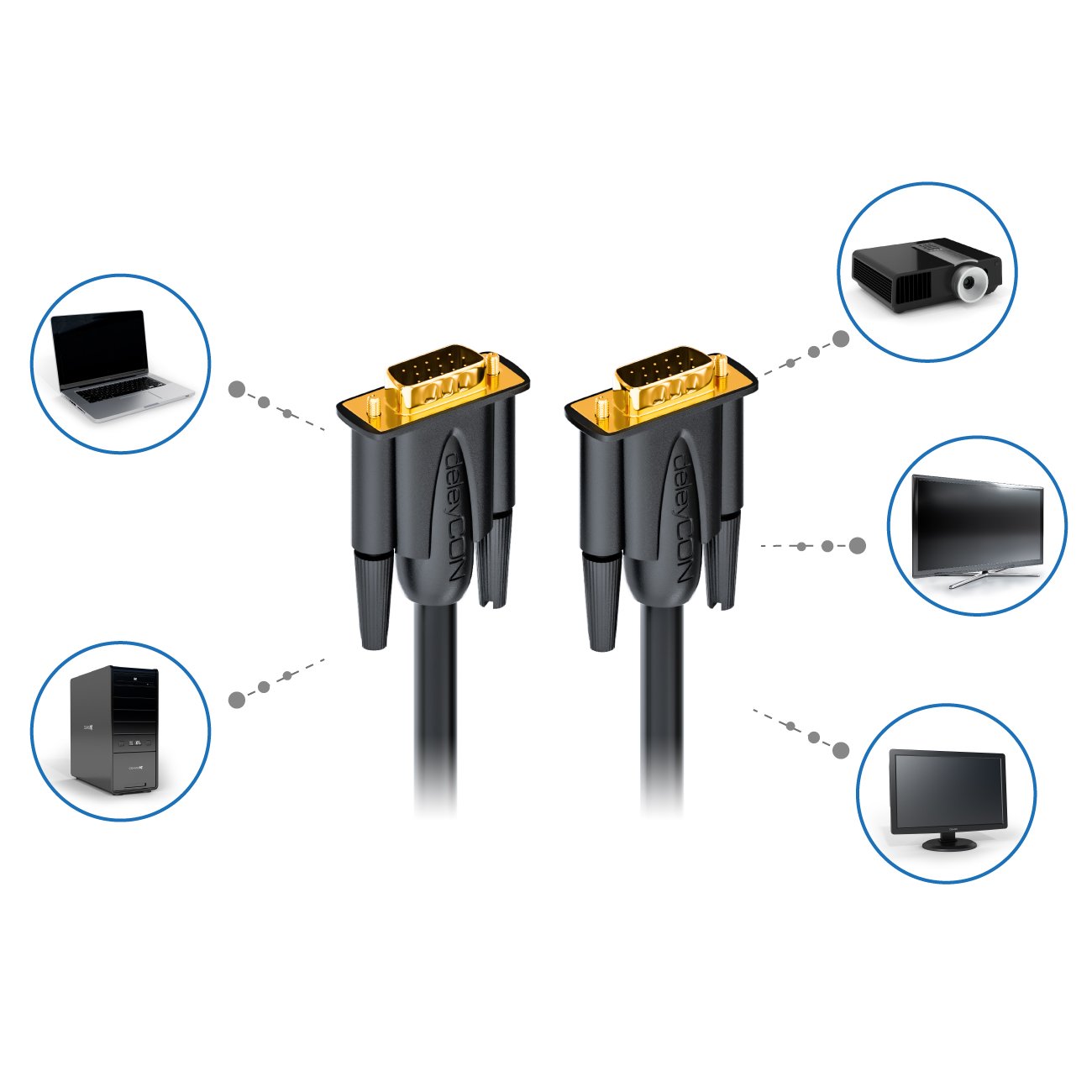 deleyCON 0,5m VGA Cavo 15Pol - S-VGA Cavo per Monitor Innesto D-Sub 1080p Full HD 3 Volte Schermato Riparo da Pieghe Contatti Dorati - Nero