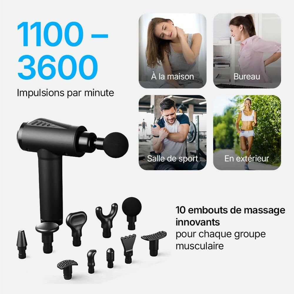 Pistolet de massage V1 Pro – Technologie profonde à 3 600 impulsions/min, 30 niveaux réglables et 10 embouts pro pour un soulagement musculaire complet Pistolet de Massage