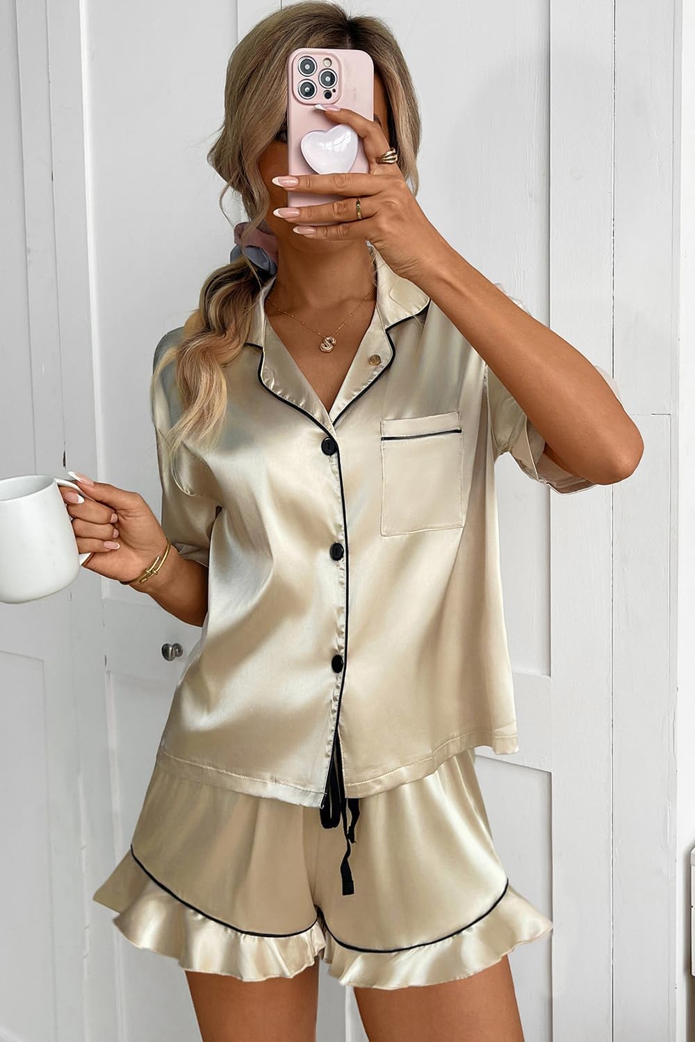 CHYRII Women's Silk Satin Pajamas Two Piece Pj Sets Short Sleeve Tops Ruffled Shorts Sleepwear with Magnetic Diffuser - Image 2