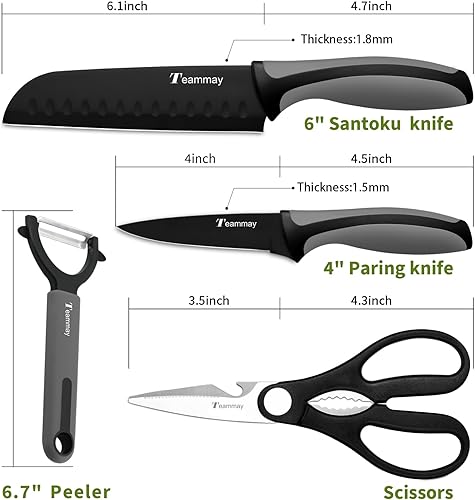 Miniatura 3 de Juego de cuchillos de cocina de 4 piezas, incluye cuchillo Santoku, cuchillo de pelar, tijeras multiusos y pelador, acero inoxidable alemán de alto
