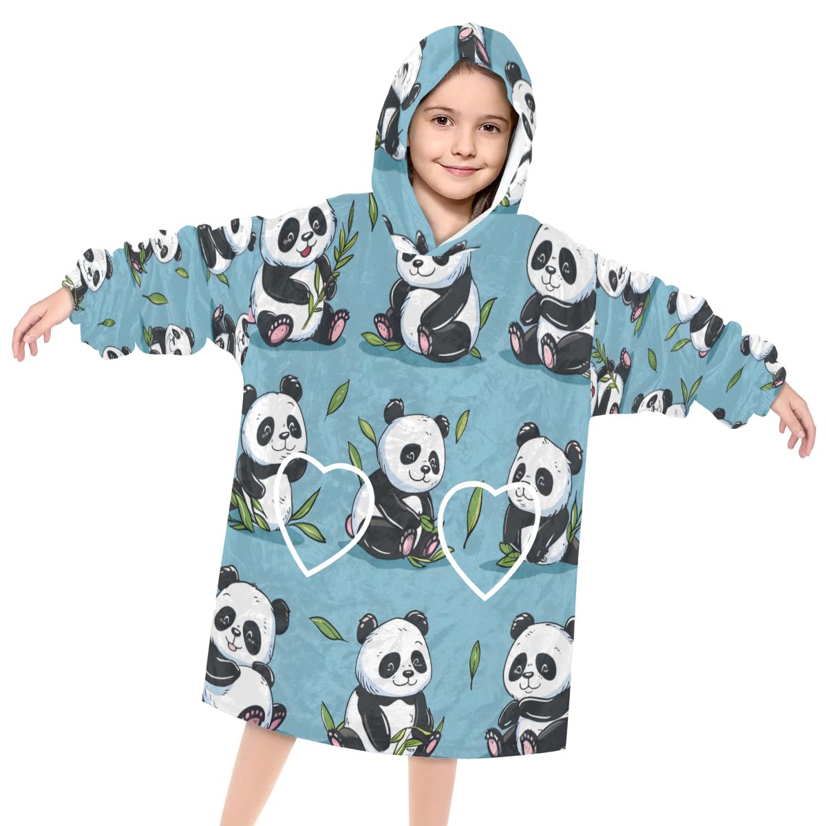 Wearable Blanket Hoodie for Kids, Cuddly Panda Fleece Sweatshirt Blanket Oversized Blanket Sweatshirt with Pocket Flannel Warm Hooded Blanket 6-10 Year Old Girl Boy Gift, One Size
