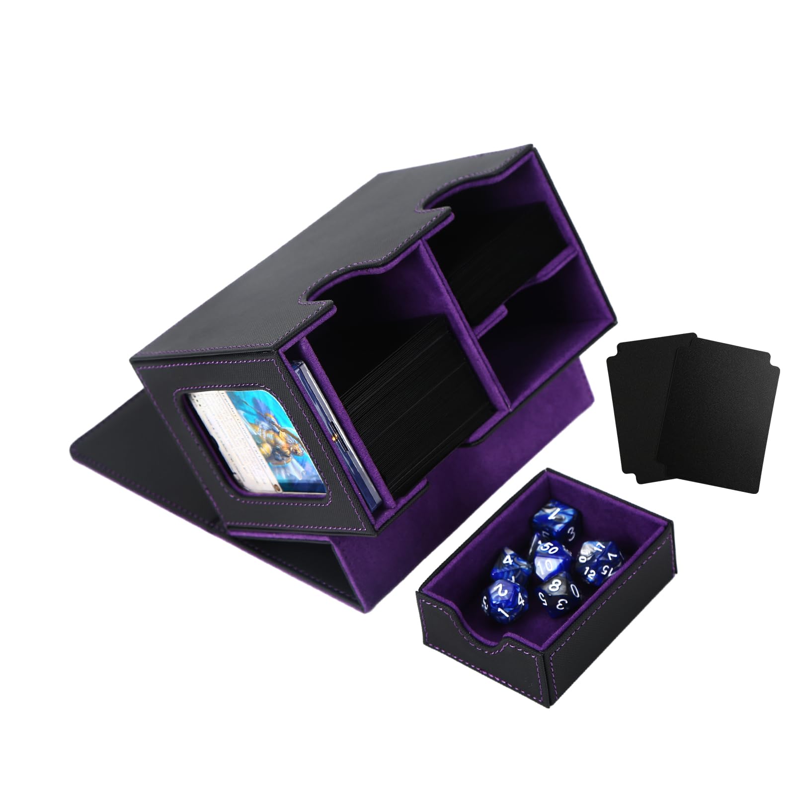 Venssu MTG Deck Box for Commander or Prime Card Display with Dice Tray,Card Deck Box Fits 200 Single Sleeved Cards, TCG Card Storage Box with 2 Dividers and 1 magnetic card holder (Black?Purple)
