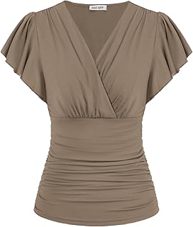 2025 Womens Tops Summer Wrap Blouse V Neck Ruffle Sleeve Dressy Casual T...