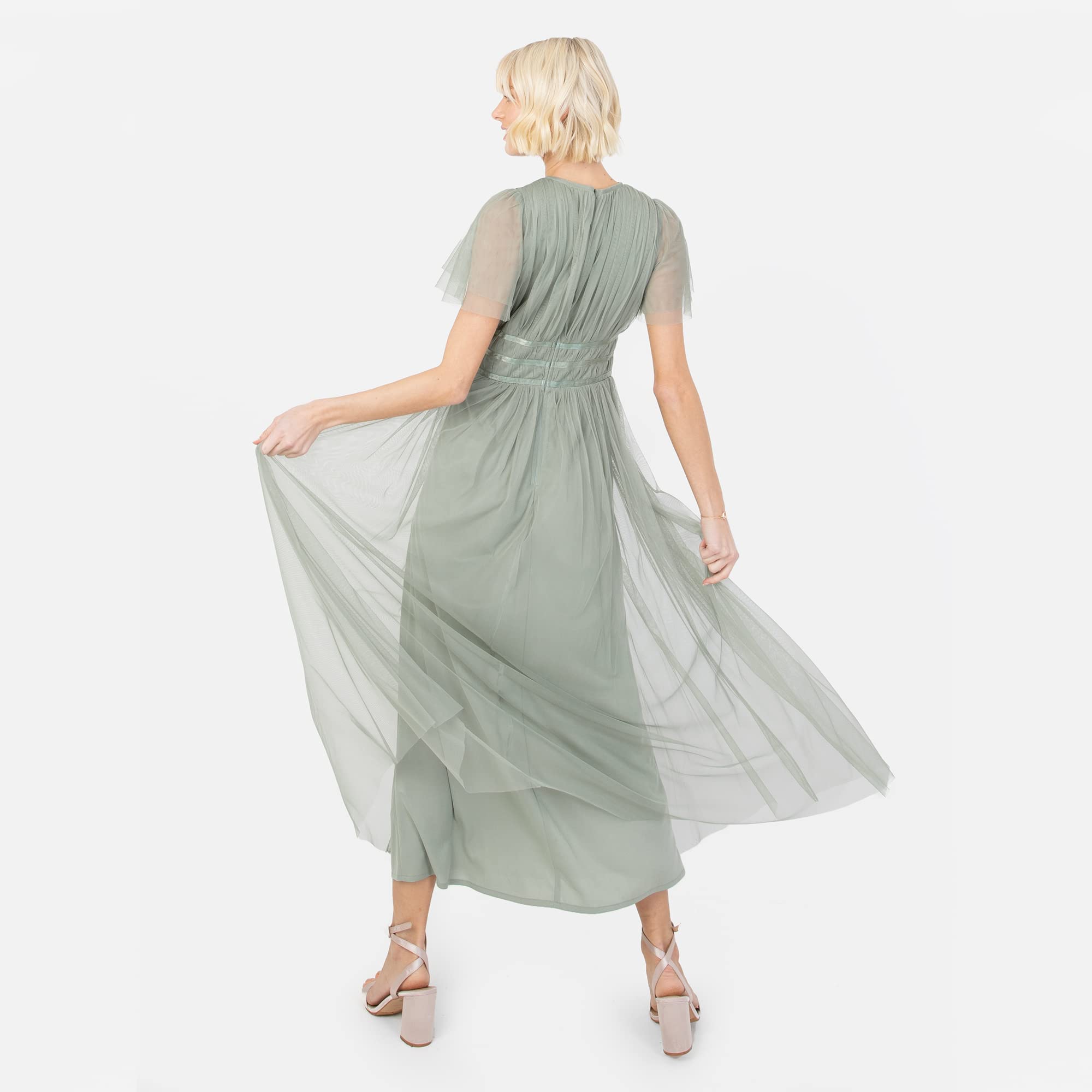 Ladies Midaxi Dress for Women High Waist Keyhole Short Flutter Sleeve Crew Neckline for Wedding Guest Bridesmaids Prom