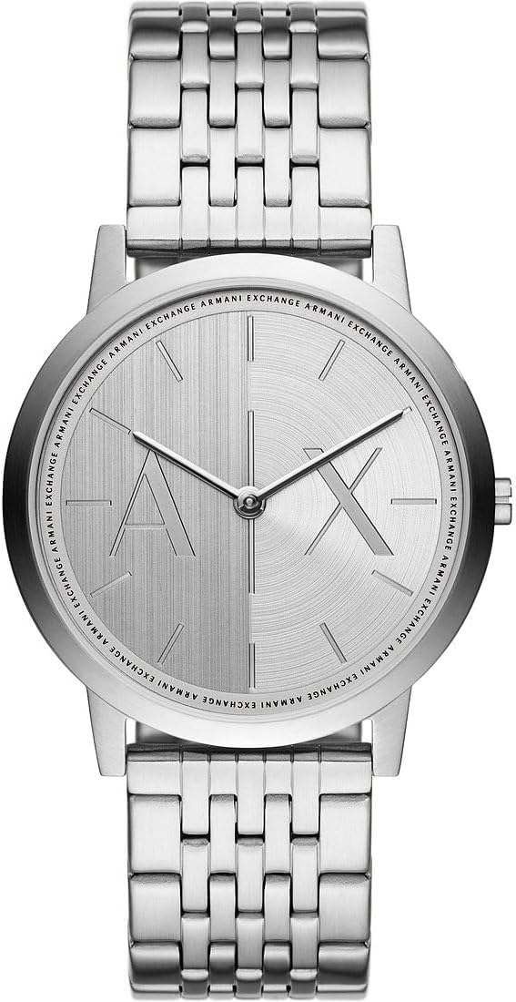 Armani Exchange Herrenuhr, Zweizeigerwerk, Edelstahluhr mit 40 mm Gehäusegröße und Leder- oder Stahl… Armani Exchange Herrenuhr, Zweizeigerwerk, Edelstahluhr mit 40 mm Gehäusegröße und Leder- oder Stahl…