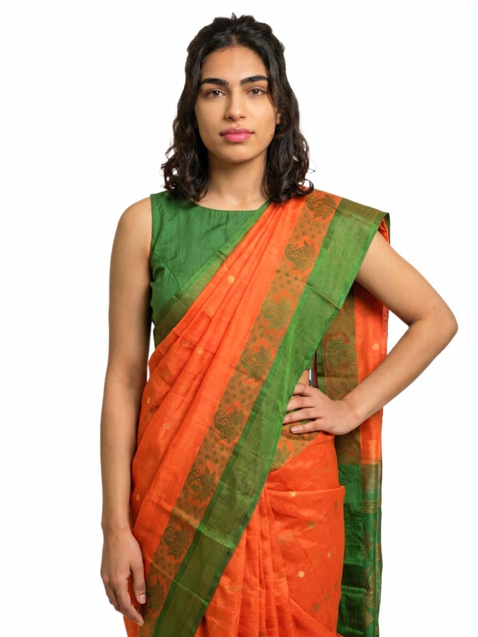 Women's Tant Cotton Saree Orange with Green Border-image-8