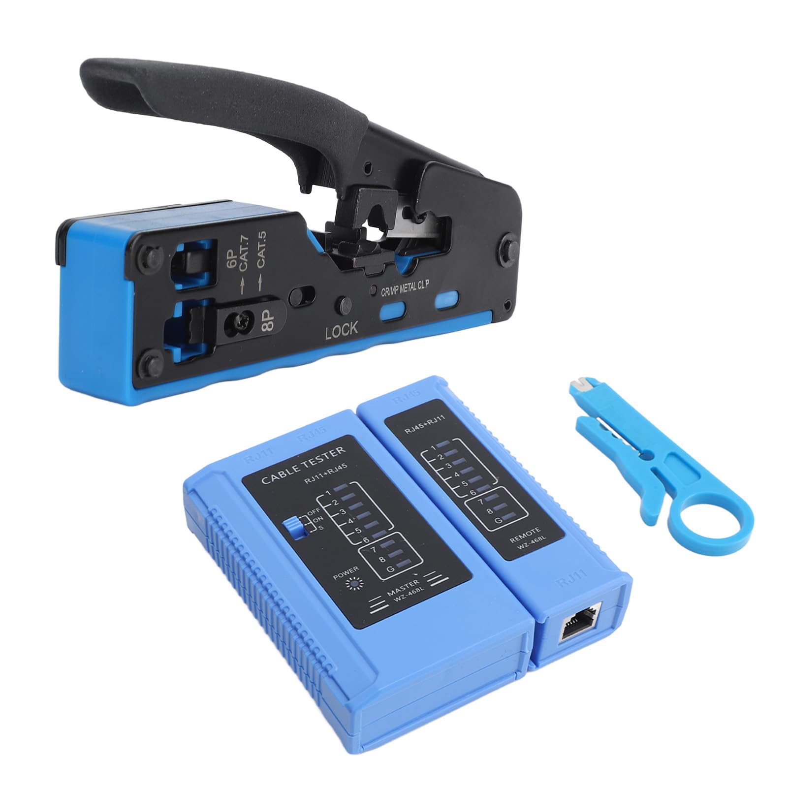 Kit d'outils de sertissage RJ45 et testeur de câble réseau compatible avec les connecteurs Cat5e Cat6 et Cat6a – Outil multifonction pour couper, dénuder et sertir les câbles