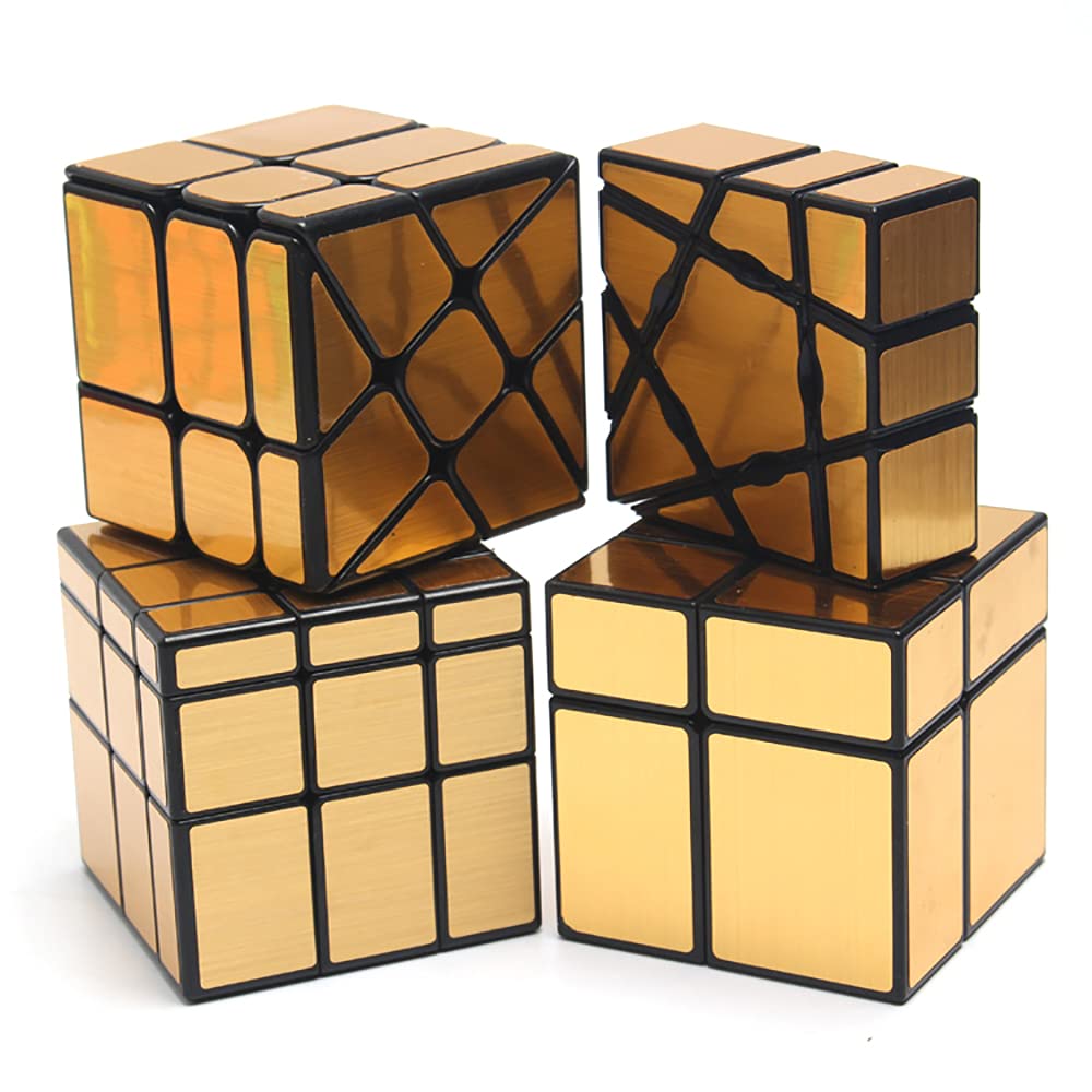 Yealvin Mirror Cube Set, Mirror Cube Bundle of 133 Floppy Cube 22 Speed Cube 33 Windmill Magic Cube and 33 Mirror Cube Smooth Brain Teasers Puzzles Collection 4 Pack Gold