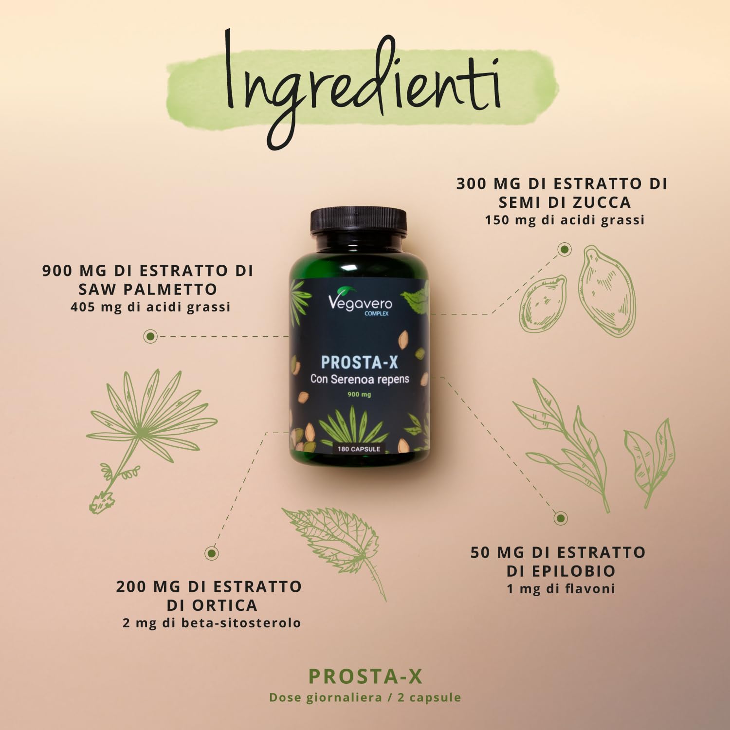 Serenoa Repens 900 mg | 180 capsule (3 Mesi) | Saw Palmetto, Epilobio, Ortica e Zucca | Integratore Prostata Uomo | Prodotto e Testato in Germania | Altamente Dosato | Vegavero®