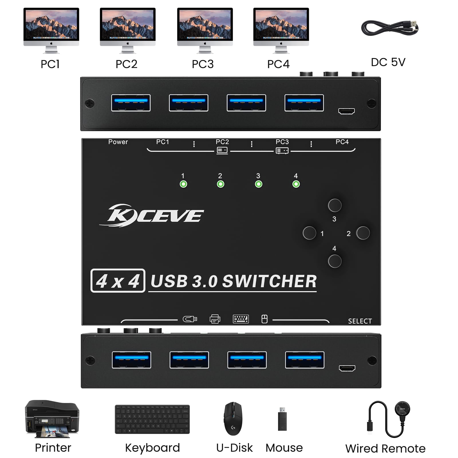 USB 3.0 Switch 4 PC, 4 in 4 out USB Switch3.0 per 4 computer Condividono Mouse, Tastiera, Stampante, Scanner, Keyboard and Mouse Switch Viene fornito con telecomando cablato e 4 cavi