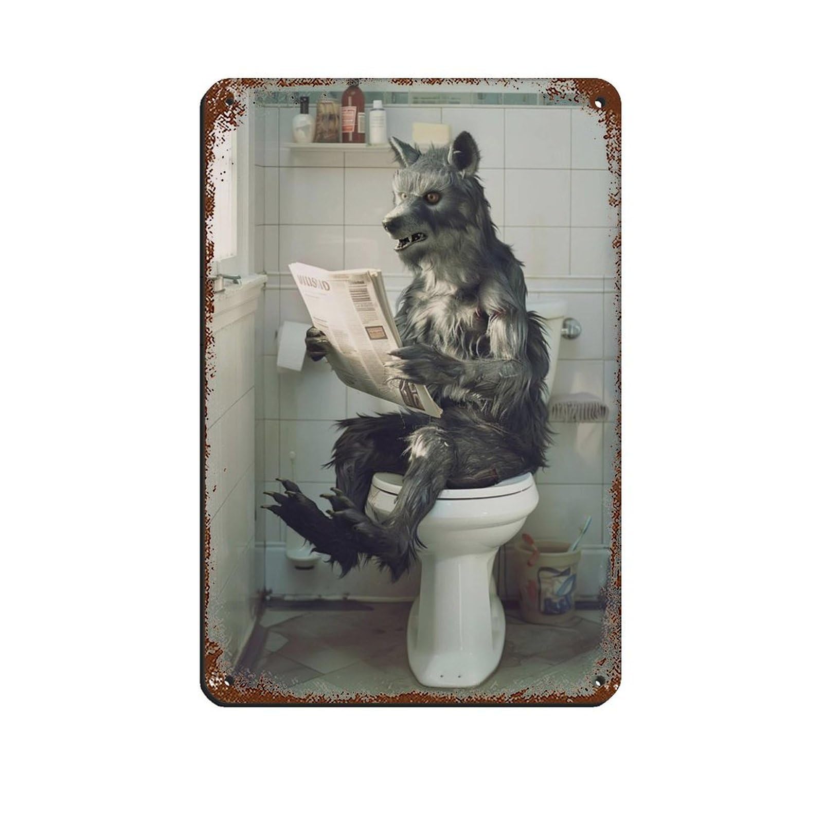Werewolf Sitting on The Toilet Reading A Newspaper (4) Tin Sign Vintage Metal Pub Club Cafe Bar Home Wall Art Decoration Poster Retro 8x12inch(20x30cm)