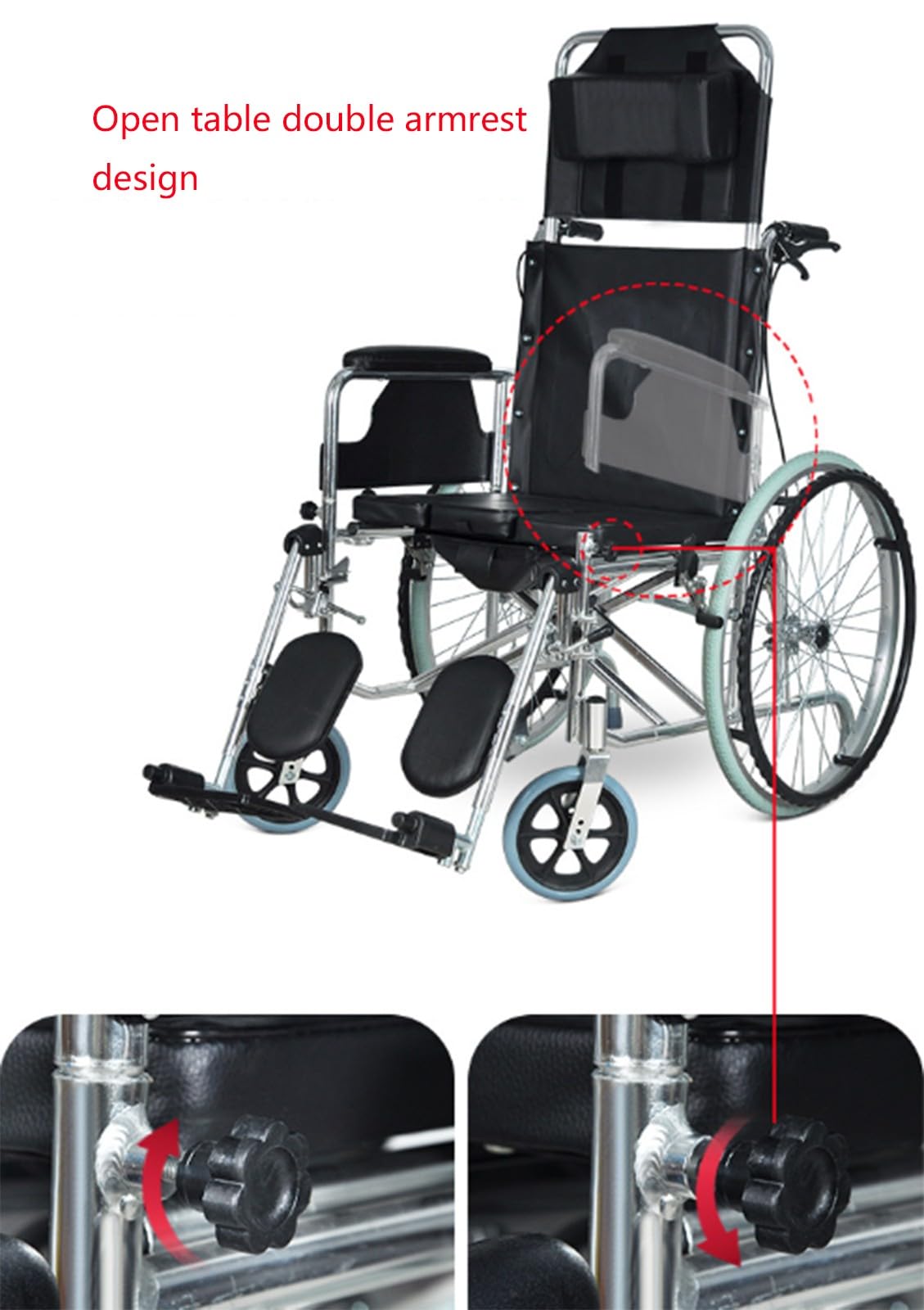 La Silla de Ruedas se Puede reclinar Completamente, Silla de Ruedas portátil con Brazos Plegables + Asiento e Inodoro para sillas de Ruedas para Personas Mayores A