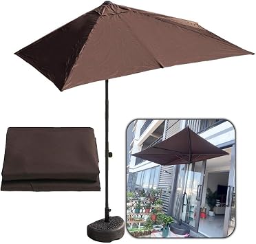 6.5ft/8ft Half Umbrella with Replacement Canopy, Height Adjustable Half Outdoor Patio Small Balcony Shade Market Umbrella, Base Included Color Brown, Size 6.5x3ft with Base