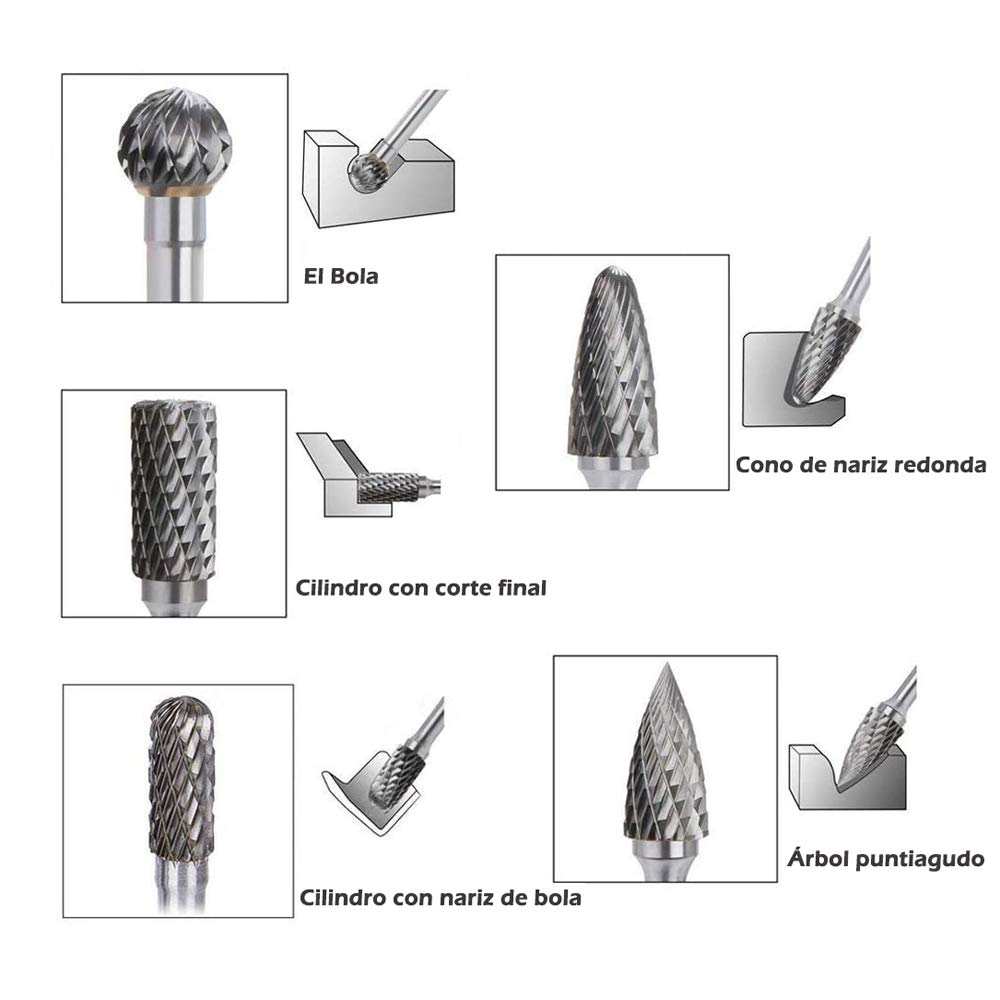 Gasea 5pcs Fresas Diamante, 1/4 pulgada de Fresa Metal Lápices Set Taladro bit para Herramientas Rotativas Molienda Pulido Grabado de Bricolaje