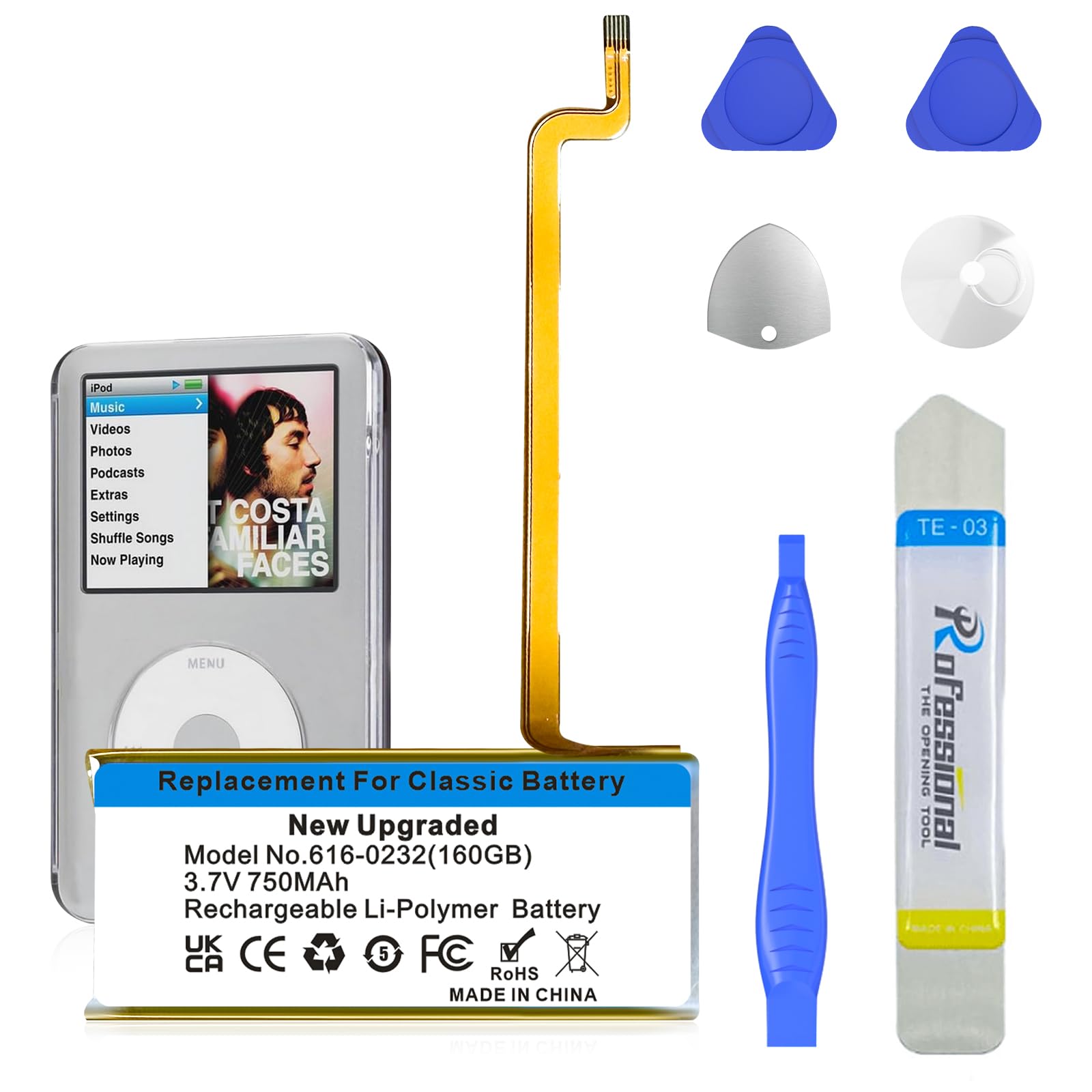 Upgrade Replacement 750mAh Long-Lasting Classic Battery 616-0232 Compatible with iPod Classic 5th - 7th Generation Video A1136 A1238 6th 80GB 6.5th 120GB 7th 160GB 5th 30GB with Tool Kits