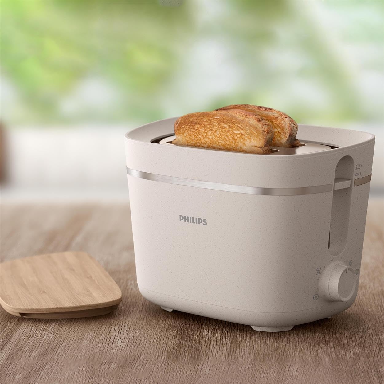 Philips Tostapane Eco Conscious, Plastica Bio al 100%, 8 Livelli di Doratura, Scaldapanini Integrato, Raccoglibriciole Rimovibile, Crema (HD2640/10)