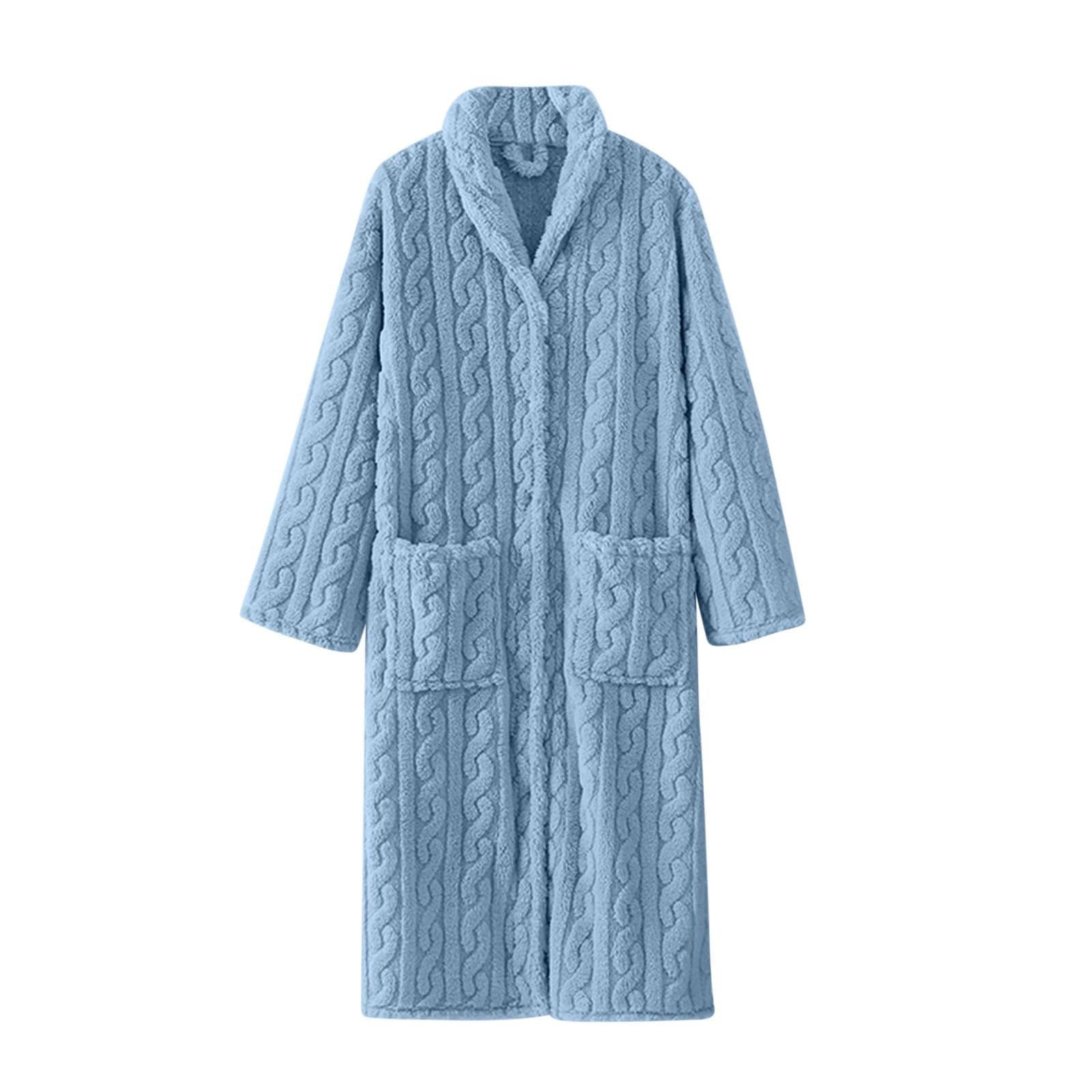 Generisch Bata de casa para mujer, cálida, bata larga de forro polar, bata monocolor, bata de casa de franela con botones, camiseta gruesa y cálida, con bolsillos, albornoces