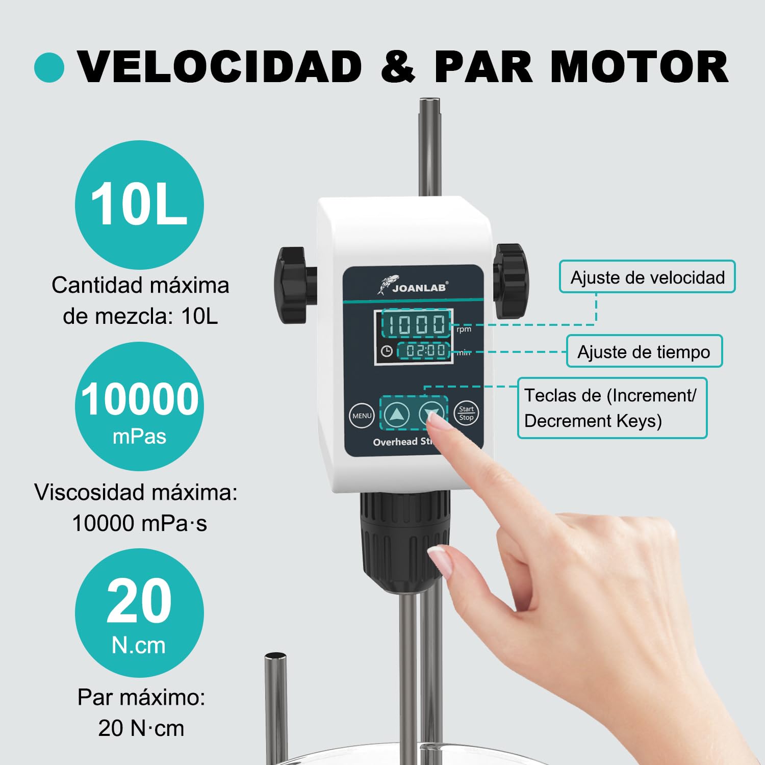JOANLAB Agitador de Sobremesa Overhead Stirrer, Mezclador de Laboratorio 36W con Paleta y Soporte Inox, Velocidad Ajustable 100-1200 RPM, Temporizador Digital 1min-24h, para 10L & 20000 mPas(OS-5S)