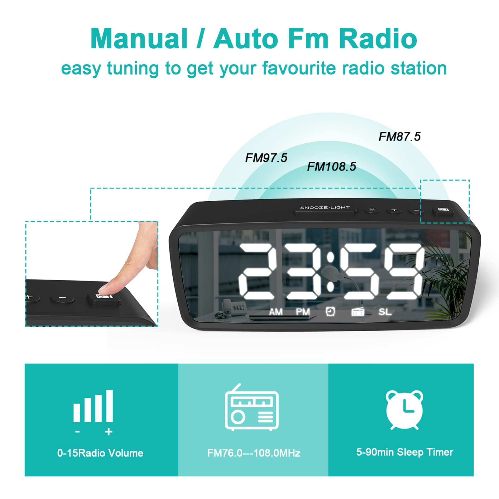 Radio Reloj Despertador, Despertadores para Personas Que Duermen Mucho, Reloj para Dormitorio con Temporizador de Apagado, para Cabecera de Dormitorio