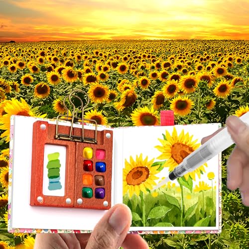 Mini Aquarell Travel Set, Pocket Aquarell Set, Aquarellfarben Farbkasten 12 Farbe & Mini Holz Malpalette & Skizzenbuch & 3 Stück Wasserpinsel Stifte für Maler Künstler Studenten Hobbymaler (Rosa)