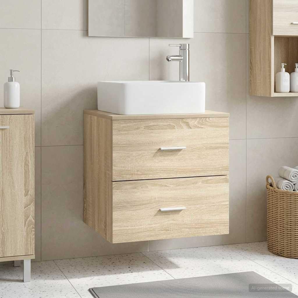 Lavabo da parete in rovere Sonoma con lavandino, 53 x 34,5 x 63 cm, mobile da bagno in legno con cassetti, ripiano e maniglie argentate, per ospiti WC e bagno