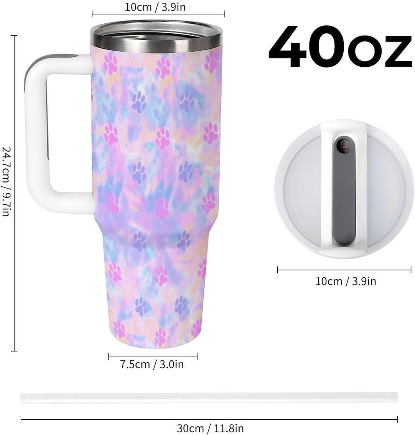 Dog Animal Paws Tie Dye Car Cup 40 Oz Tumbler Stainless Steel Insulated Tumblers Portable Party Travel Cups with Handle Straw Lid