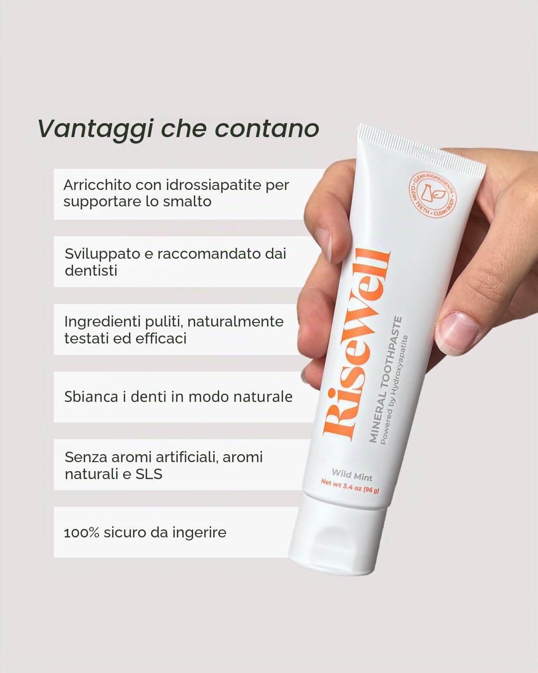 RiseWell Dentifricio minerale - Dentifricio naturale con idrossiapatite - Prodotto negli Stati Uniti, senza fluoro aggiunto, senza SLS - per denti più forti e sani, menta selvatica, 96,4 g